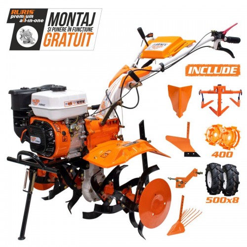 Motosapatoare RURIS 731ACC1 + roti cauciuc 5.00-8+rarita+plug+adaptor+dispozitiv scos cartofi+roti metalice 400 fara manicot+cultivator 8.5 CP