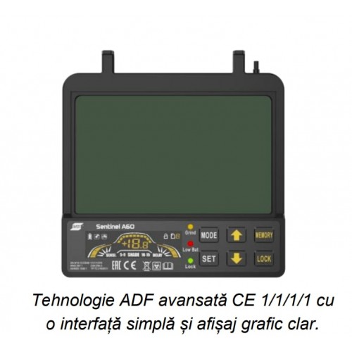 Masca ESAB SENTINEL™A60 Masca de sudura automata Camp vizual: 118 x 71 mm Opacitate: 3/5-13 ADF Memorie pentru până la 9 setări
