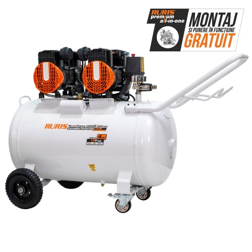 Compresor Silentios RURIS Silent Power 10000 OilFree – 3000W, 100L, 528 l/min, 8 Bar, Fara Ulei, 2 Cilindri, 2 Iesiri